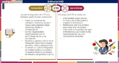Cuadro comparativo que muestra "Comunidad" con un gráfico de un libro y un lápiz a la izquierda, y "Aprendizaje" con un niño sosteniendo un libro a la derecha, bajo el epígrafe "Consejo Técnico Escolar" y "Editorial MD".