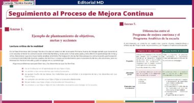 Un documento digital titulado "Seguimiento al Proceso de Mejora Continua" del Consejo Técnico Escolar, que muestra secciones sobre el establecimiento de objetivos, acciones y diferencias entre la mejora continua y los programas escolares analíticos.