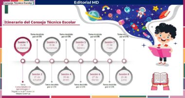 Colorida infografía que muestra el calendario de sesiones del Consejo Técnico Escolar, con fechas de septiembre a junio, un niño de dibujos animados con un libro en la mano y decoración espacial de fondo.
