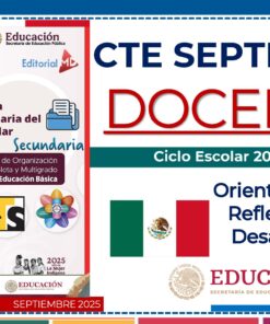 Cartel digital para un evento escolar con logotipos, banderas y texto sobre el curso escolar 2025-2026, dirigido a los profesores, que abarca la orientación, la reflexión y el desarrollo para la educación primaria y secundaria.