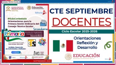 Cartel digital para un evento escolar con logotipos, banderas y texto sobre el curso escolar 2025-2026, dirigido a los profesores, que abarca la orientación, la reflexión y el desarrollo para la educación primaria y secundaria.