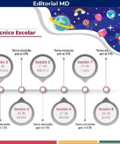Infografía que muestra el calendario del Consejo Técnico Escolar con las fechas de las sesiones y un niño de dibujos animados leyendo un libro abierto, de cuyas páginas surgen coloridas ilustraciones de temática espacial.