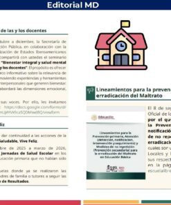 El diseño de un boletín digital en español incluye artículos sobre el bienestar de los profesores, la salud mental y la prevención del maltrato infantil. En la parte superior aparecen iconos de escuelas y libros. El título reza 