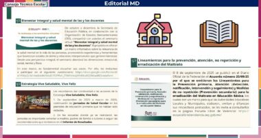 El diseño de un boletín digital en español incluye artículos sobre el bienestar de los profesores, la salud mental y la prevención del maltrato infantil. En la parte superior aparecen iconos de escuelas y libros. El título reza "Consejo Técnico Escolar" y "Editorial MD.