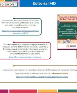 Folleto informativo sobre la Encuesta de Detección de Necesidades de Educación Continua 2025, con códigos QR que enlazan a recursos, una mujer de caricatura sosteniendo un portapapeles y logotipos de la Secretaría de Educación Pública y Editorial MD de México.