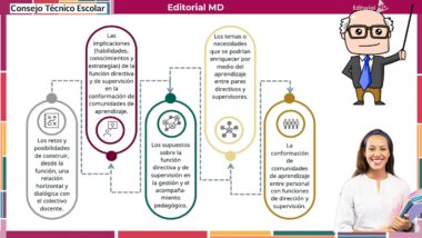 Una infografía de "Editorial MD" sobre asesoramiento técnico escolar. Muestra cuatro puntos clave en óvalos de colores, texto sobre supervisión educativa e ilustraciones de un hombre con gafas y una mujer sonriente con traje.