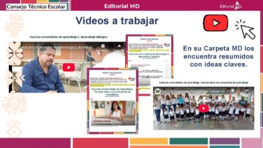 Diapositiva titulada "Vídeos a trabajar" con capturas de pantalla de vídeos educativos de YouTube, un icono de botón de reproducción y texto que anima a los espectadores a encontrar resúmenes con ideas clave en su "Carpeta MD". Aparecen los logotipos del Consejo Técnico Escolar y la Editorial MD.