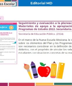 Infografía de la SEP sobre seguimiento y evaluación de la planeación didáctica en secundaria, con texto explicativo, logotipos y dibujos de un libro, crayón, lápiz y pincel sobre un fondo colorido.