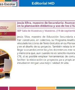 Un folleto digital habla de una presentación de Jesús Silva sobre los retos de la planificación didáctica. El folleto tiene cabeceras rosas y azules e incluye una imagen de una mujer utilizando un ordenador portátil, junto con una descripción del evento.