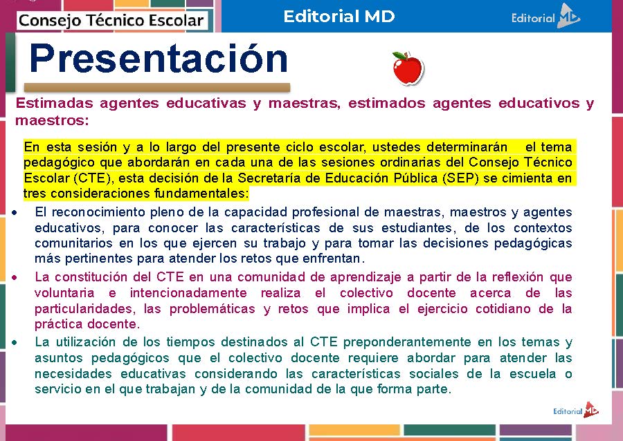 Tema 10 Contestado: Trabajo con las familias CTE NEM 2025 - 2026 (Todos los Niveles) 10 Una diapositiva en español titulada "Presentación" explica el papel de los agentes educativos y docentes en las sesiones de CTE. El texto resaltado hace hincapié en los temas de las sesiones determinados al inicio del curso escolar.