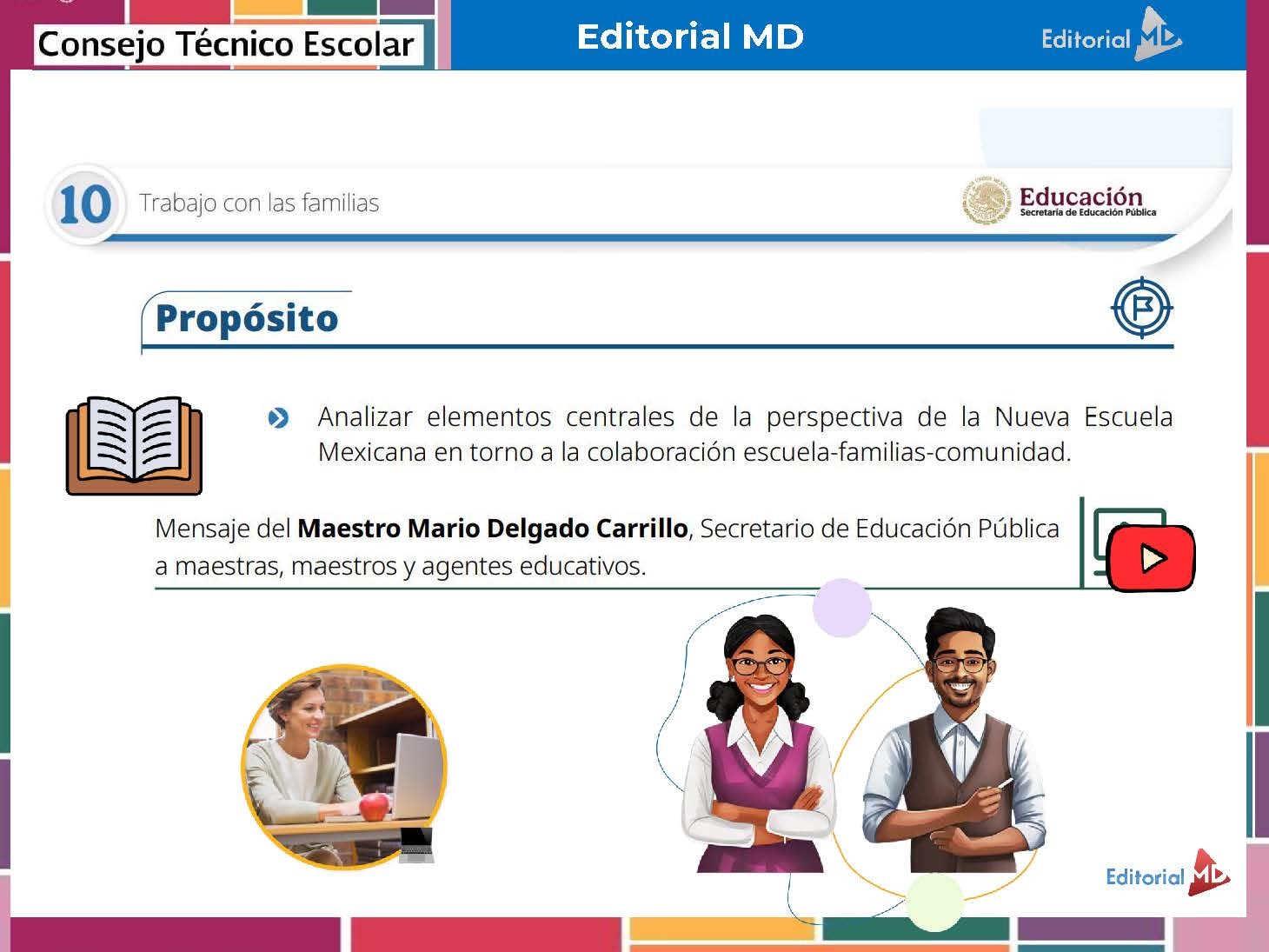 Tema 10 Contestado: Trabajo con las familias CTE NEM 2025 - 2026 (Todos los Niveles) 6 Una diapositiva titulada "Trabajo con las familias" presenta iconos, un mensaje sobre la colaboración entre la escuela, las familias y la comunidad, e ilustraciones de un profesor y dos profesoras. Se incluyen logotipos y marcas editoriales.