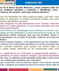 Tema 11 Contestado: Estrategias para atender el rezago CTE NEM 2025 - 2026 (Todos los Niveles) 16 Un póster informativo en español trata sobre cómo abordar el retraso educativo en el sistema escolar mexicano, enumera preguntas y estrategias para identificar y superar las barreras a las que se enfrentan los estudiantes y destaca la importancia de las prácticas inclusivas.