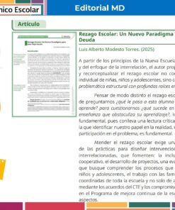 Un artículo educativo de Editorial MD sobre el retraso escolar, con una taza con la ilustración de una manzana, iconos de libros y texto destacado sobre la Reforma Educativa mexicana y su impacto en los estudiantes.