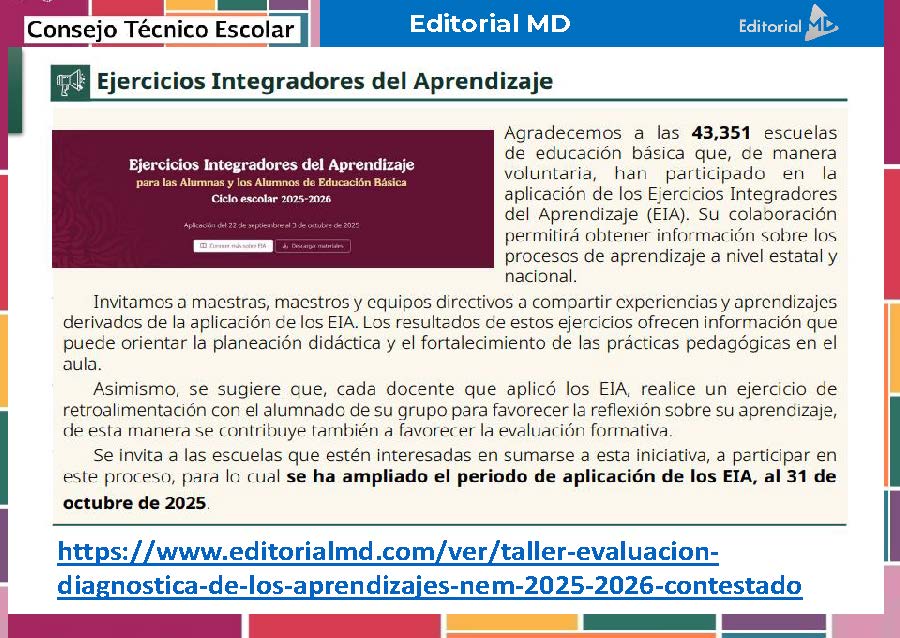 Tema 11 Contestado: Estrategias para atender el rezago CTE NEM 2025 - 2026 (Todos los Niveles) 2 Una captura de pantalla de una página web titulada "Ejercicios Integradores del Aprendizaje" destaca la participación de 43.351 escuelas en los ejercicios, con un resumen sobre la integración de estas actividades a nivel nacional. En la parte inferior aparece un enlace.