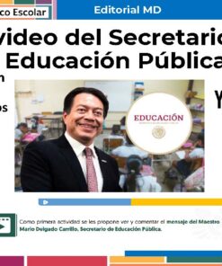 Cartel digital en español que promociona un video de YouTube de la Secretaría de Educación Pública. Incluye la foto de un hombre sonriendo, el fondo del aula, un texto sobre la revisión del vídeo y los logotipos de YouTube, Editorial MD y Consejo Técnico Escolar.