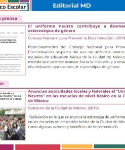 Diapositiva con dos secciones: un comunicado de prensa y una publicación, ambos sobre la política de uniformes neutros en las escuelas de la Ciudad de México. Incluye fragmentos de texto e información resumida, con un diseño editorial en rosa y morado.