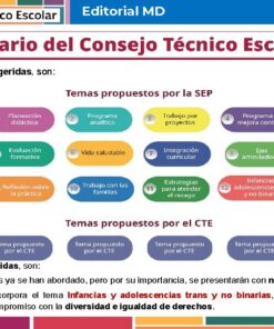 Infografía con temas propuestos por la SEP y el CTE para el Consejo Técnico Escolar, divididos en círculos de colores, con énfasis en infancias y adolescencias trans y no binarias, y la igualdad de derechos.