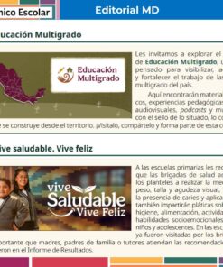 Un boletín educativo en español muestra secciones sobre Educación Multigrado y Vida Sana, con coloridos carteles, logotipos, descripciones de texto y una foto de niños sonrientes con un profesor en un aula.