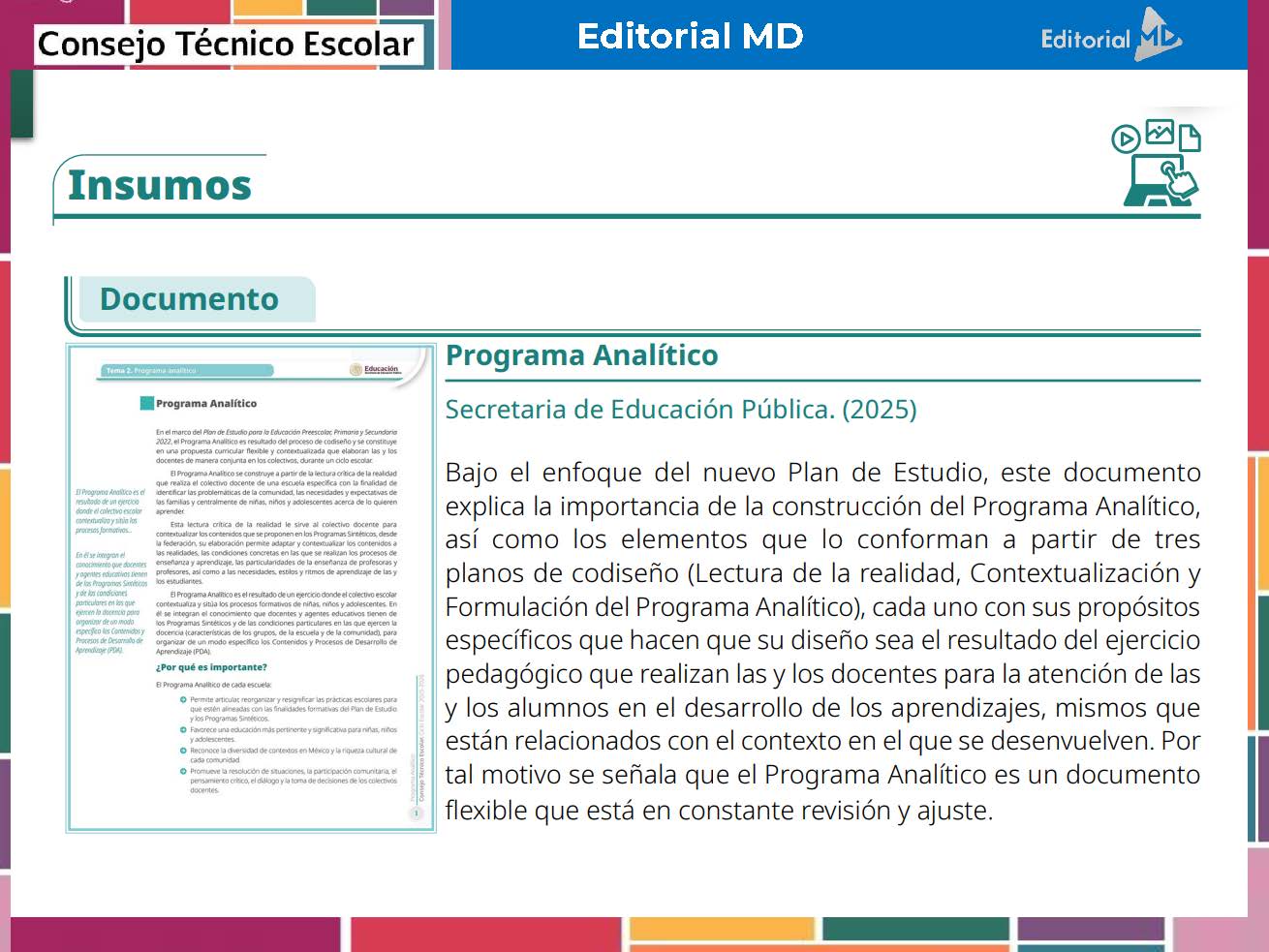 Tema 2 Contestado: Programa Analítico CTE NEM 2025 - 2026 (Todos los Niveles) 10 Un documento digital titulado "Programa Analítico" de la Secretaría de Educación Pública (2025) describe la importancia y los objetivos del nuevo plan de estudios, con una barra lateral denominada "Documento" y encabezados en turquesa y rojo.