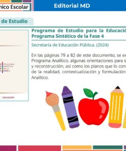 Tema 2 Contestado: Programa Analítico CTE NEM 2025 - 2026 (Todos los Niveles) 24 Captura de pantalla de un documento educativo sobre el programa de educación primaria, con la portada de un libro, texto descriptivo e iconos de colores de una manzana, un lápiz, un libro abierto y una regla en la parte inferior.