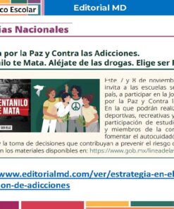 Tema 4 Contestado: Programa de mejora continua CTE NEM 2025 - 2026 (Todos los Niveles) 22 Cartel informativo digital sobre una estrategia nacional contra la drogadicción, centrada en la prevención del fentanilo. Incluye texto, imágenes de una señal de stop y de un debate en grupo, y un enlace destacado a más recursos.