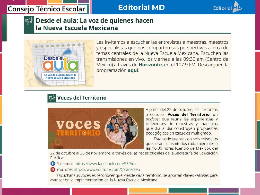 Tema 4 Contestado: Programa de mejora continua CTE NEM 2025 - 2026 (Todos los Niveles) 5 Un gráfico informativo en español promociona dos programas de radio educativos: "Desde el aula", que se emite en Horizonte 107.9 FM, y "Voces del Territorio", que presenta voces de distintas regiones mexicanas, con horarios e información de contacto.