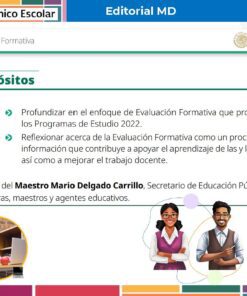 Tema 5 Contestado: Evaluación formativa CTE NEM 2025 - 2026 (Todos los Niveles) 25 Diapositiva digital sobre evaluación formativa con texto, iconos y una ilustración de un hombre y una mujer conversando. Enumera objetivos e incluye un mensaje destacado del Maestro Mario Delgado Carrillo.