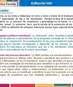 Tema 5 Contestado: Evaluación formativa CTE NEM 2025 - 2026 (Todos los Niveles) 26 Un gráfico informativo en español de la Editorial MD y el Consejo Técnico Escolar destaca ideas centrales sobre la evaluación del profesorado, el aprendizaje de los alumnos y la importancia de la evaluación formativa en la educación.