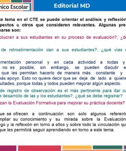 Tema 5 Contestado: Evaluación formativa CTE NEM 2025 - 2026 (Todos los Niveles) 24 Un boletín educativo en español aborda la retroalimentación en la evaluación de los estudiantes, sugiriendo preguntas de reflexión. Utiliza fondos rosas, azules y blancos, con títulos en negrita y viñetas que hacen hincapié en las prácticas docentes reflexivas.