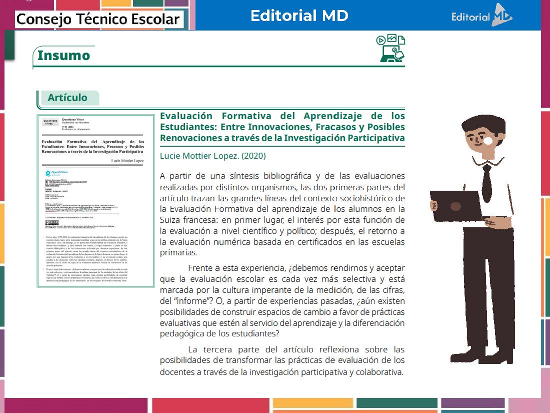 Tema 5 Contestado: Evaluación formativa CTE NEM 2025 - 2026 (Todos los Niveles) 5 Un diseño de página digital de Editorial MD presenta un artículo titulado "Evaluación Formativa del Aprendizaje de los Estudiantes..." con secciones en verde, azul y blanco, que incluyen texto y una pequeña imagen de vista previa de un documento.