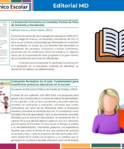Tema 5 Contestado: Evaluación formativa CTE NEM 2025 - 2026 (Todos los Niveles) 23 Una página de revista digital muestra artículos y libros educativos destacados, con resúmenes de texto, un icono de libro abierto y figuras ilustradas de un profesor y un alumno con libros en las manos. La cabecera reza