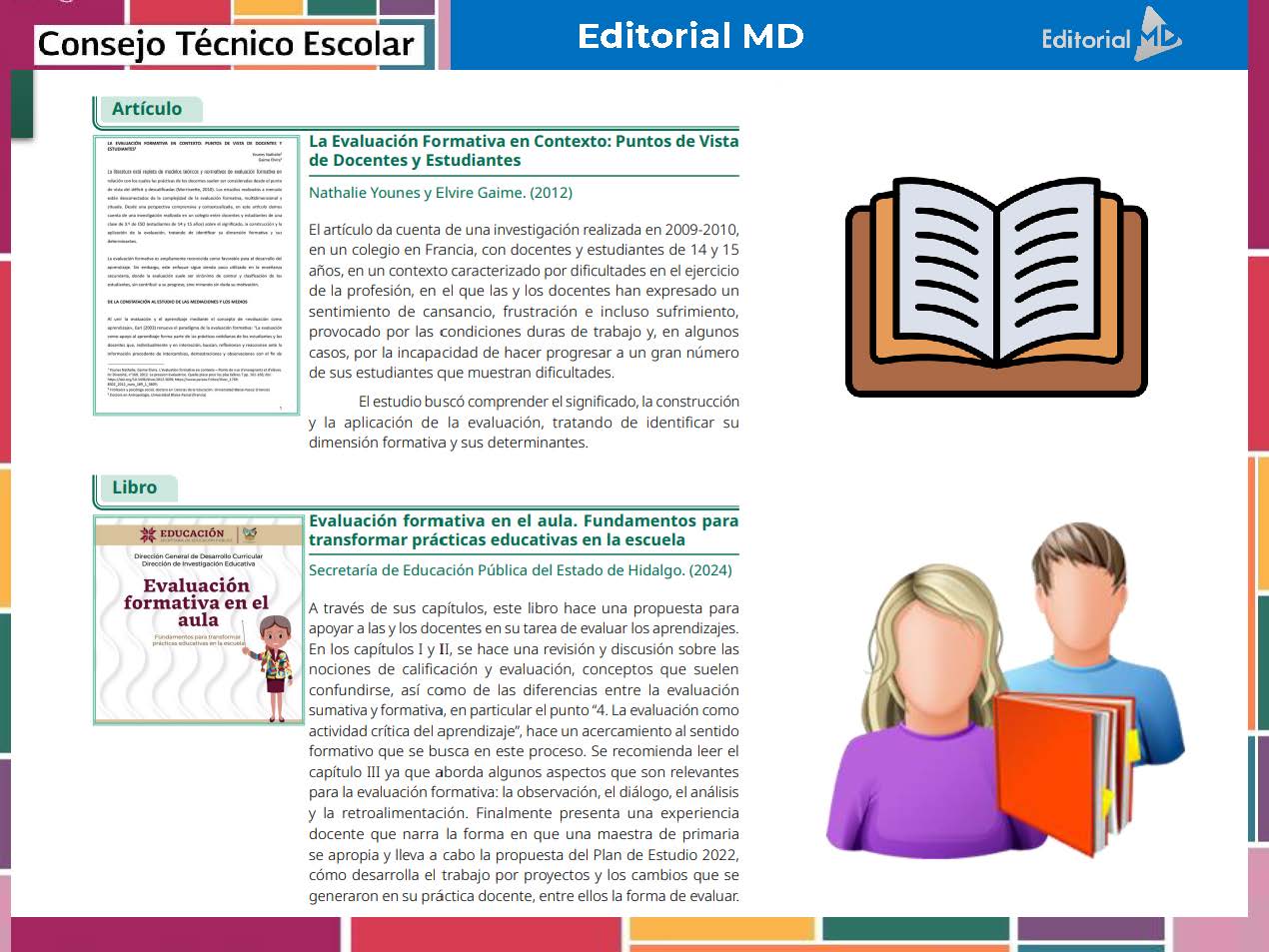 Tema 5 Contestado: Evaluación formativa CTE NEM 2025 - 2026 (Todos los Niveles) 6 Una página de revista digital muestra artículos y libros educativos destacados, con resúmenes de texto, un icono de libro abierto y figuras ilustradas de un profesor y un alumno con libros en las manos. La cabecera reza "Consejo Técnico Escolar Editorial MD.