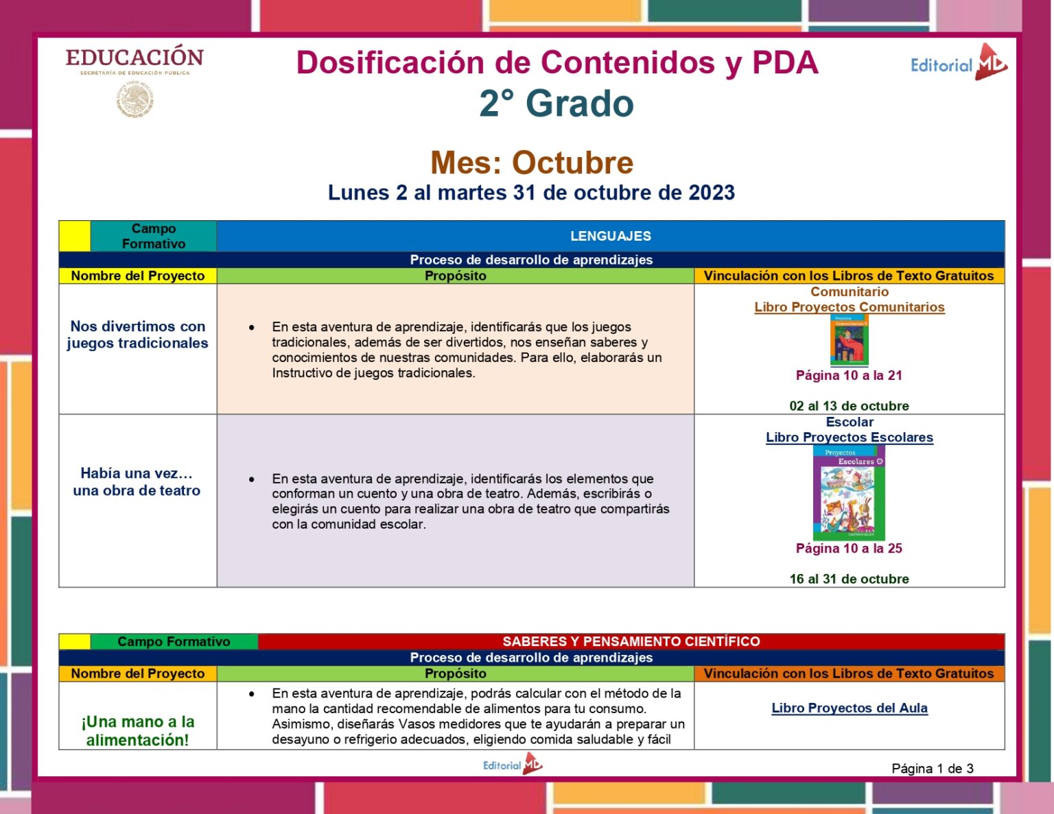 Planeación Octubre Segundo Grado de Primaria 2023 Proyectos