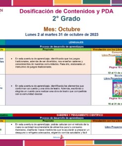 Imagen de un documento educativo colorido que describe los planes de lecciones para 2.° grado en octubre de 2023. Este Programa Analítico 2° Primaria (Planeación Octubre 2023) detalla áreas temáticas, nombres de proyectos y actividades centradas en juegos tradicionales, juegos terrestres y conocimientos sobre nutrición con enlaces a páginas específicas del libro de texto.