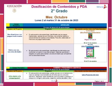 Imagen de un documento educativo colorido que describe los planes de lecciones para 2.° grado en octubre de 2023. Este Programa Analítico 2° Primaria (Planeación Octubre 2023) detalla áreas temáticas, nombres de proyectos y actividades centradas en juegos tradicionales, juegos terrestres y conocimientos sobre nutrición con enlaces a páginas específicas del libro de texto.