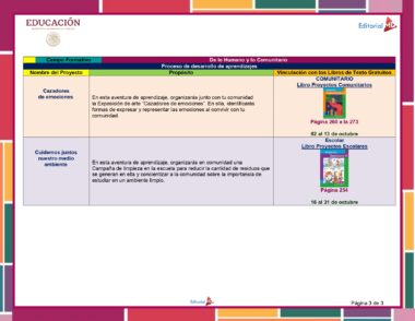 Un gráfico de "Educación" que muestra dos proyectos. "Cazadores de emociones" para 2° Primaria se centra en identificar y representar emociones. "Cuidemos juntos nuestro medio ambiente" implica informar a la comunidad sobre cómo mantener limpio el medio ambiente. Se proporcionan enlaces a libros de texto y al Programa Analítico 2° Primaria (Planeación Octubre 2023).