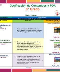 Un cuadro colorido enumera el contenido y las actividades educativas para el tercer grado en junio. Describe objetivos, procesos y conexiones de libros para tres áreas principales: 