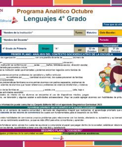 Una descripción general del programa para artes del lenguaje de cuarto grado en octubre. Incluye información de la escuela y los maestros, materias programadas y descripciones de lecciones. Programa Analítico 4° Primaria (Planeación Octubre 2023) también presenta ilustraciones para análisis contextual, estudiantes y familias. Página 1 de 26, con un formato codificado por colores.
