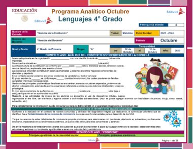Una descripción general del programa para artes del lenguaje de cuarto grado en octubre. Incluye información de la escuela y los maestros, materias programadas y descripciones de lecciones. Programa Analítico 4° Primaria (Planeación Octubre 2023) también presenta ilustraciones para análisis contextual, estudiantes y familias. Página 1 de 26, con un formato codificado por colores.