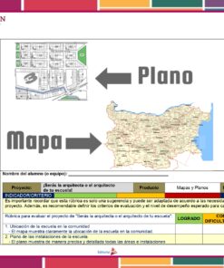 Documento que incluye una rúbrica para un proyecto de un colegio de Cuarto Grado sobre mapas y planos. Hay imágenes etiquetadas de un plano de la ciudad y un mapa regional. En la parte inferior, hay criterios de evaluación, con columnas para el estado marcadas como 'LOGRADO' o 'NO LOGRADO'. Esto se alinea con los lineamientos del Programa Analítico 4° Primaria (Planeación Octubre 2023).