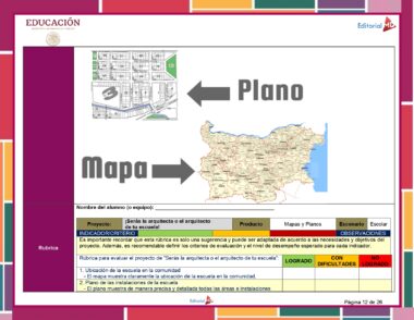 Documento que incluye una rúbrica para un proyecto de un colegio de Cuarto Grado sobre mapas y planos. Hay imágenes etiquetadas de un plano de la ciudad y un mapa regional. En la parte inferior, hay criterios de evaluación, con columnas para el estado marcadas como 'LOGRADO' o 'NO LOGRADO'. Esto se alinea con los lineamientos del Programa Analítico 4° Primaria (Planeación Octubre 2023).