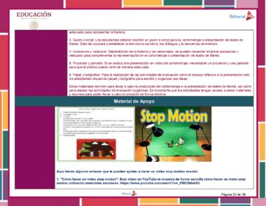 Un documento educativo en español titulado "Programa Analítico 4° Primaria (Planeación Octubre 2023)" con texto instructivo sobre la creación de animaciones stop motion para Cuarto Grado. Hay una imagen de una animación stop motion configurada con LEGO. El fondo es colorido con un patrón rectilíneo mixto, perfecto para Planeaciones Octubre.