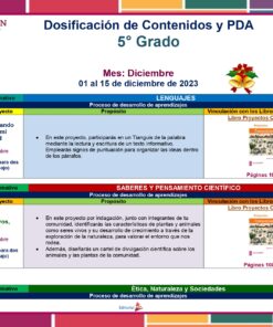 Documento educativo colorido que describe la **Planeación de Diciembre de Quinto Grado de Primaria 2023 – 2024 NEM** para estudiantes de 5to grado durante el 1 al 15 de diciembre de 2023. Incluye secciones sobre proyectos de lenguaje, conocimiento científico y ética, con proyectos y metodologías específicas. y referencias de libros de texto.