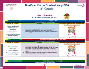 Documento educativo colorido que describe la **Planeación de Diciembre de Quinto Grado de Primaria 2023 – 2024 NEM** para estudiantes de 5to grado durante el 1 al 15 de diciembre de 2023. Incluye secciones sobre proyectos de lenguaje, conocimiento científico y ética, con proyectos y metodologías específicas. y referencias de libros de texto.