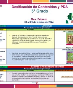Afiche educativo Planeación de Febrero Quinto Grado de Primaria 2023 – 2024 Contenidos curriculares NEM. Describe proyectos de lenguaje y ciencia. Presenta texto en español, el poema de Efrén Rebolledo, ideas de proyectos de campo científico y números de páginas de libros de texto junto con imágenes de la bandera mexicana para alinearse con los estándares NEM.