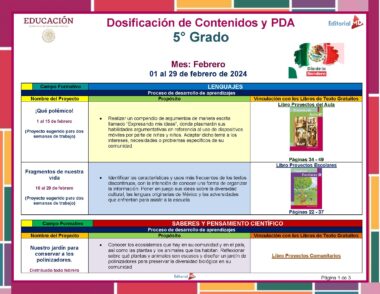 Afiche educativo Planeación de Febrero Quinto Grado de Primaria 2023 – 2024 Contenidos curriculares NEM. Describe proyectos de lenguaje y ciencia. Presenta texto en español, el poema de Efrén Rebolledo, ideas de proyectos de campo científico y números de páginas de libros de texto junto con imágenes de la bandera mexicana para alinearse con los estándares NEM.
