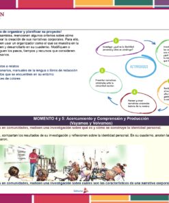 Una colorida página educativa en español que analiza la planificación y ejecución de un proyecto comunitario para 5° Primaria. Incluye texto, diagramas de flujo circulares, actividades etiquetadas y listas de materiales como lápices de colores y cuadernos. La temática se centra en la identidad en el contexto del **Programa Analítico 5° Primaria (Planeación Octubre 2023)**.