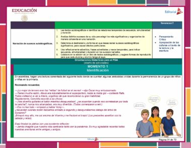 Un documento educativo titulado "Programa Analítico Primaria 6° Grado (Todos los Campos Formativos) 2023 - 2024" con secciones de narrativa de hechos autobiográficos para 6° Grado. Incluye temas sobre tiempos pasados, secuencia de eventos, elementos de reconocimiento y comprensión lectora. Ilustrado con un grupo diverso de niños en la parte inferior.