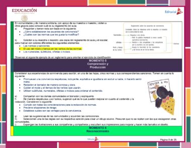 Un documento educativo en español que describe las normas del aula, las actividades de comprensión y producción, y las estrategias para un ejercicio de aula para 6° de Primaria. La página incluye texto, secciones coloreadas para la organización, una ilustración de un niño andando en bicicleta con el mensaje "Cuida y ama a las abejas" y el Programa Analítico 6° Primaria (Planeación Octubre 2023).