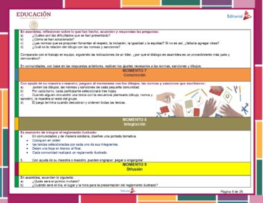 Una página educativa en español con actividades relacionadas con el trabajo en equipo, la inclusión, las normas grupales y las sanciones. La página incluye preguntas de discusión y escenarios para la reflexión grupal, enfatizando la integración y la concientización. Es parte del Programa Analítico 6° Primaria (Planeación Octubre 2023).